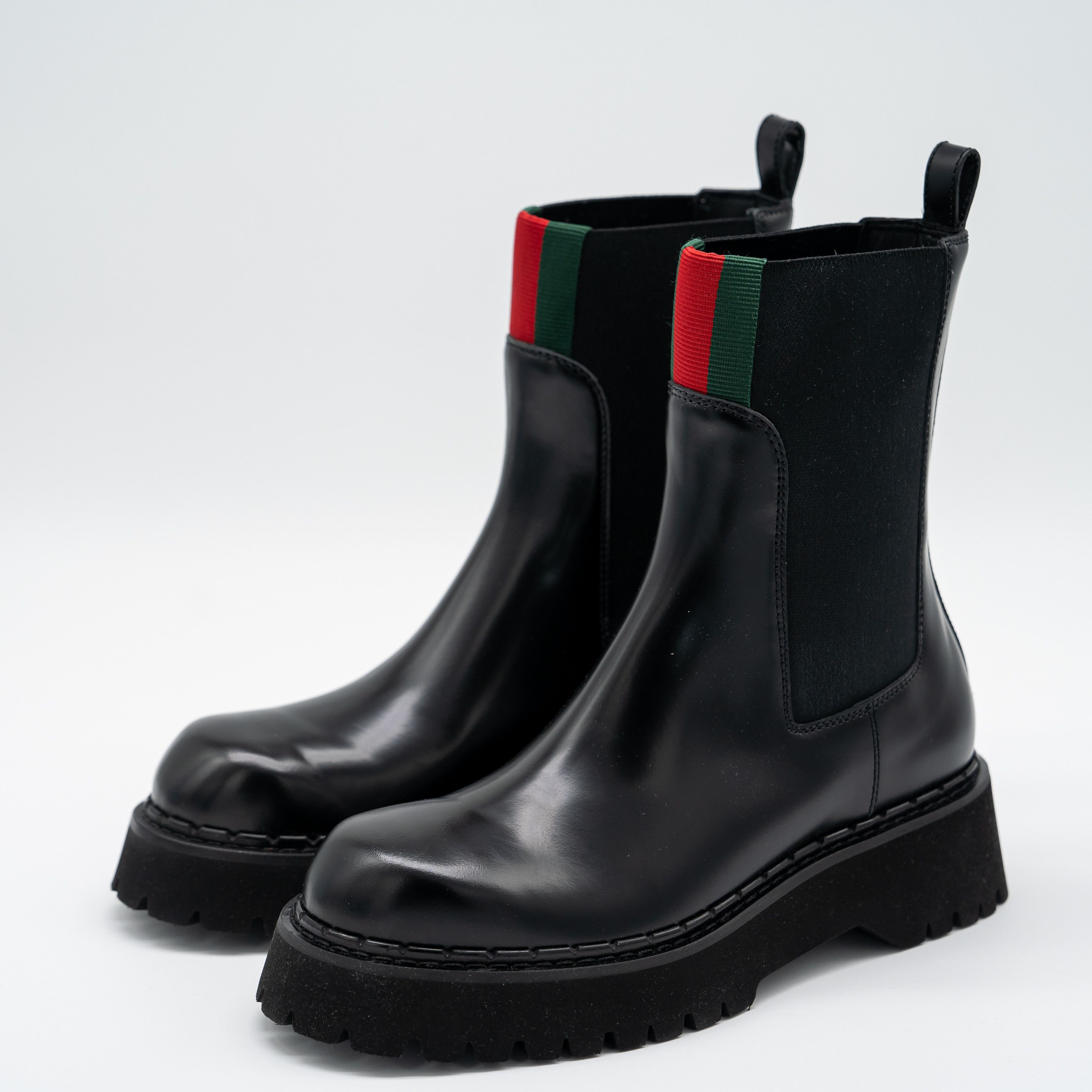 8 US Gucci Chelsea Web Black Calf Leather Boots