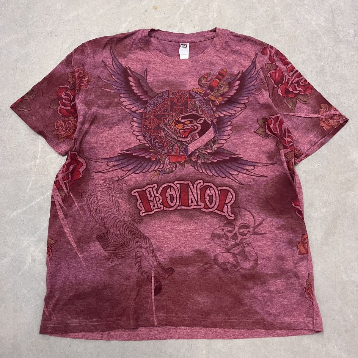 Ed Hardy × Vintage CRAZY Y2K Ed Hardy Tattoo style AOP graphic shirt burgundy M Size US L / EU 52-54 / 3 - 1 Thumbnail