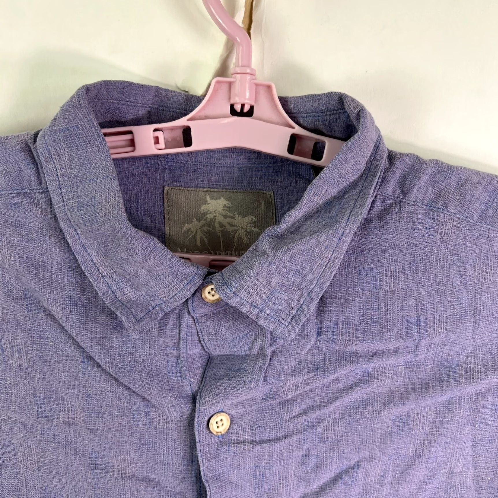 Vintage Margaritaville Button-Up Shirt Mens XL Blue Short Sleeve Silk Linen Blend Collared Button-Backed Solid Pattern Beach Tropical 50 in Chest Regular Fit Size US XL / EU 56 / 4 - 3 Thumbnail