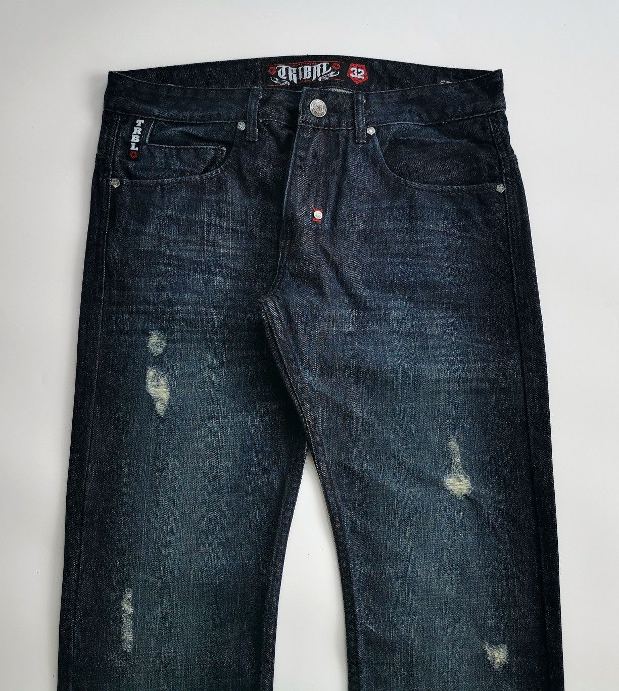Tribal Streetwear Vintage Tribal Cross Embroidery Dark Blue Denim Jeans Size US 33 - 4 Thumbnail