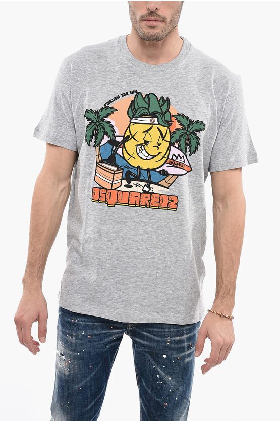 image of Dsquared2 Crew Neck Cotton Blend Cool Fit T-Shirt With Print in Grey, Men's (Size 2XL)