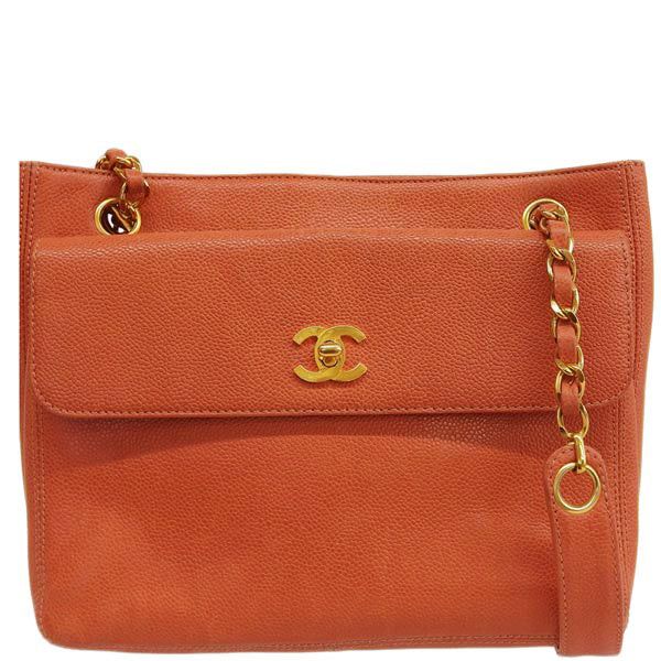image of Chanel Around 1997 Made Caviar Skin Turn-Lock Chian Tote Bag Coral Pink in Orange, Women's