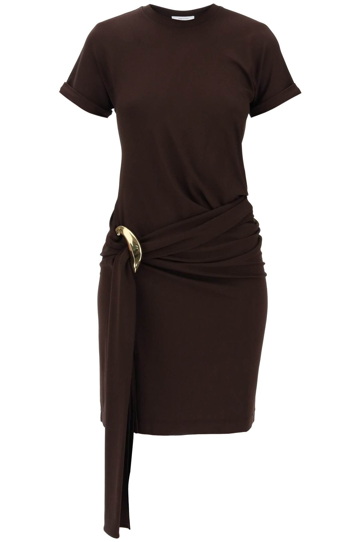 image of Salvatore Ferragamo Ferragamo Short Dress With Sash And Metal Ring Accent in Expresso, Women's (Siz