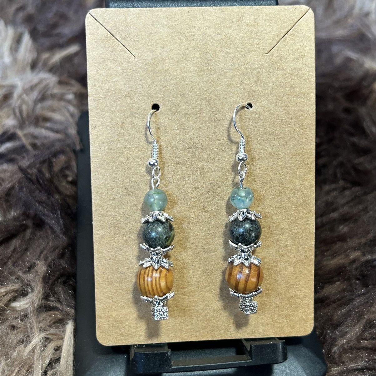 Handmade Handcrafted vintage wood bead dragon vein agate earrings Size ONE SIZE - 2 Thumbnail
