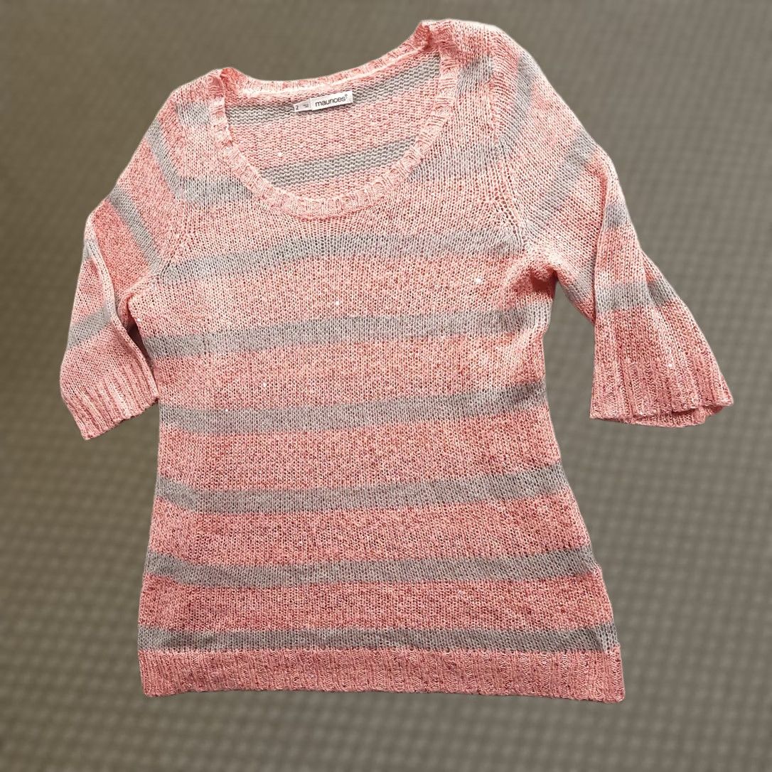 Vintage Maurices Sweater Womens 2 Sequined Pink Gray Striped Sleeve Scoop Neck Size XS / US 0-2 / IT 36-38 - 1 Thumbnail
