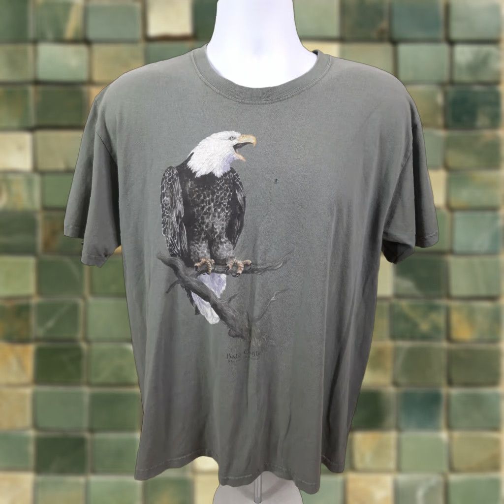 Gildan VINTAGE Bald Eagle Animal Nature Outdoors All Over Print T Shirt Large Green 90s Mens Tee T3S Size US L / EU 52-54 / 3 - 1 Thumbnail