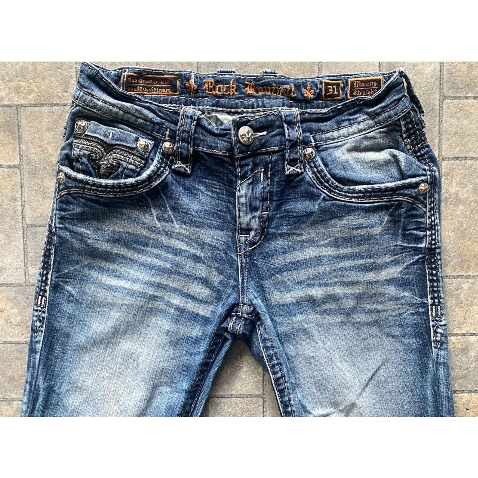 Vintage VINTAGE Rock Revival Manny Straight Jeans MENS SIZE 31 RR Embellished Denim Blue Cotton Regular Inseam See Photos 34 Men Jeans Mens Size US 31 - 4 Thumbnail