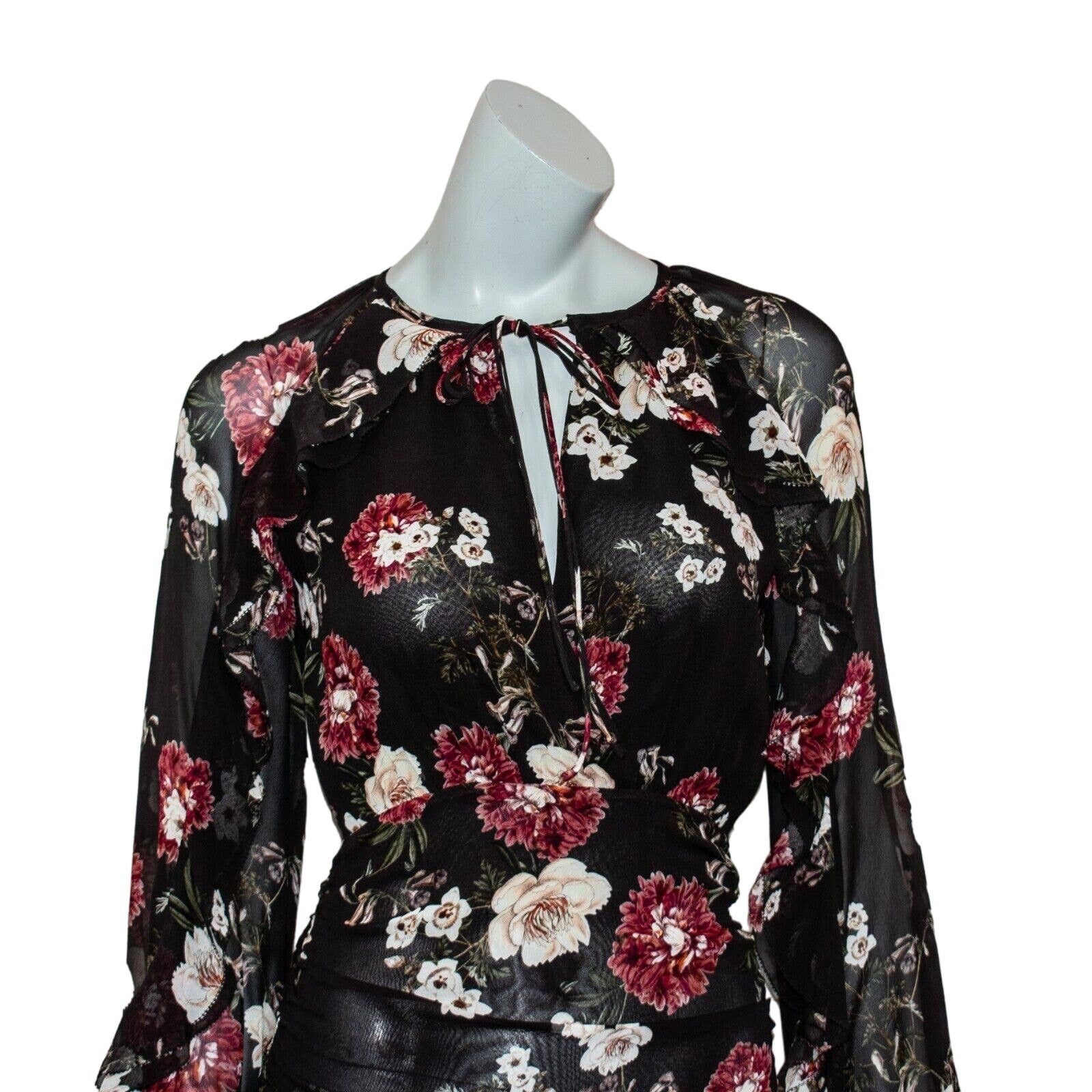 NICHOLAS NICHOLAS Black Burgundy Floral Cascade Ruched Mini Dress Size XS / US 0-2 / IT 36-38 - 9 Thumbnail