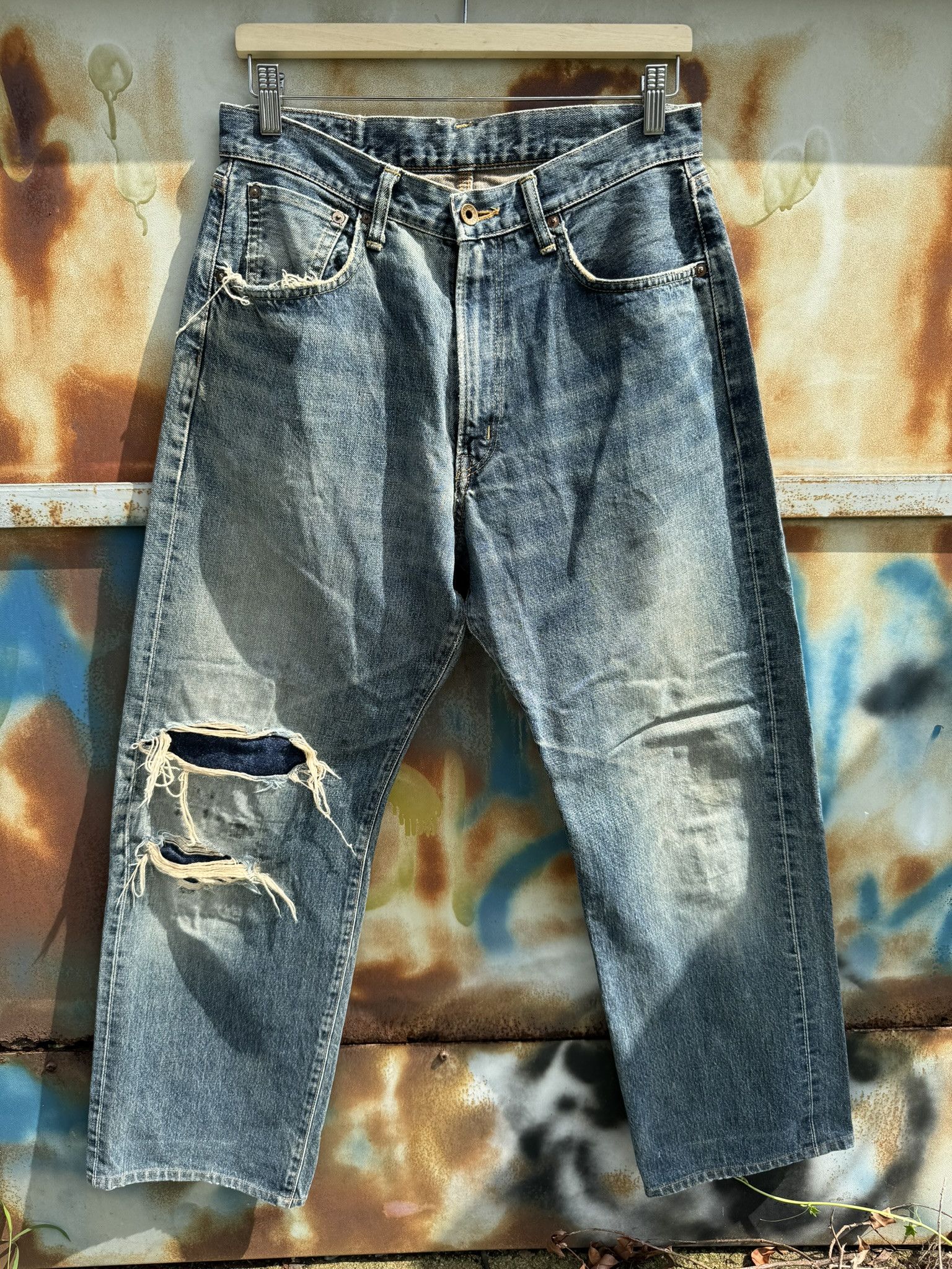 image of Distressed Denim x Edwin Vintage Edwin 505 Zipper Selvadge Redline Jeans Sun Faded in Dark Rust Ind