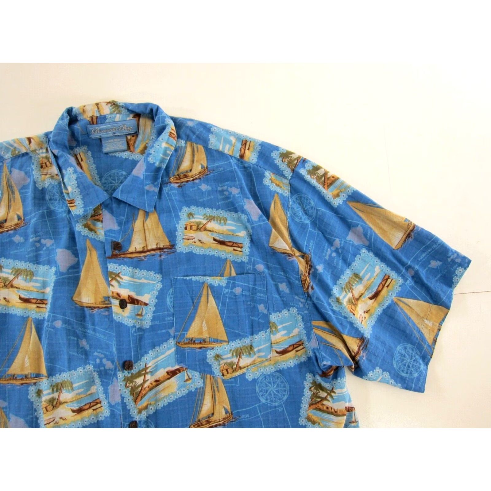 Vintage Bermuda Bay Shirt XXL Bermuda Bay 100% Silk Sailboat Blue Yellow Floral Button Down Hawaiian Shirt Mens Size US XXL / EU 58 / 5 - 7 Thumbnail