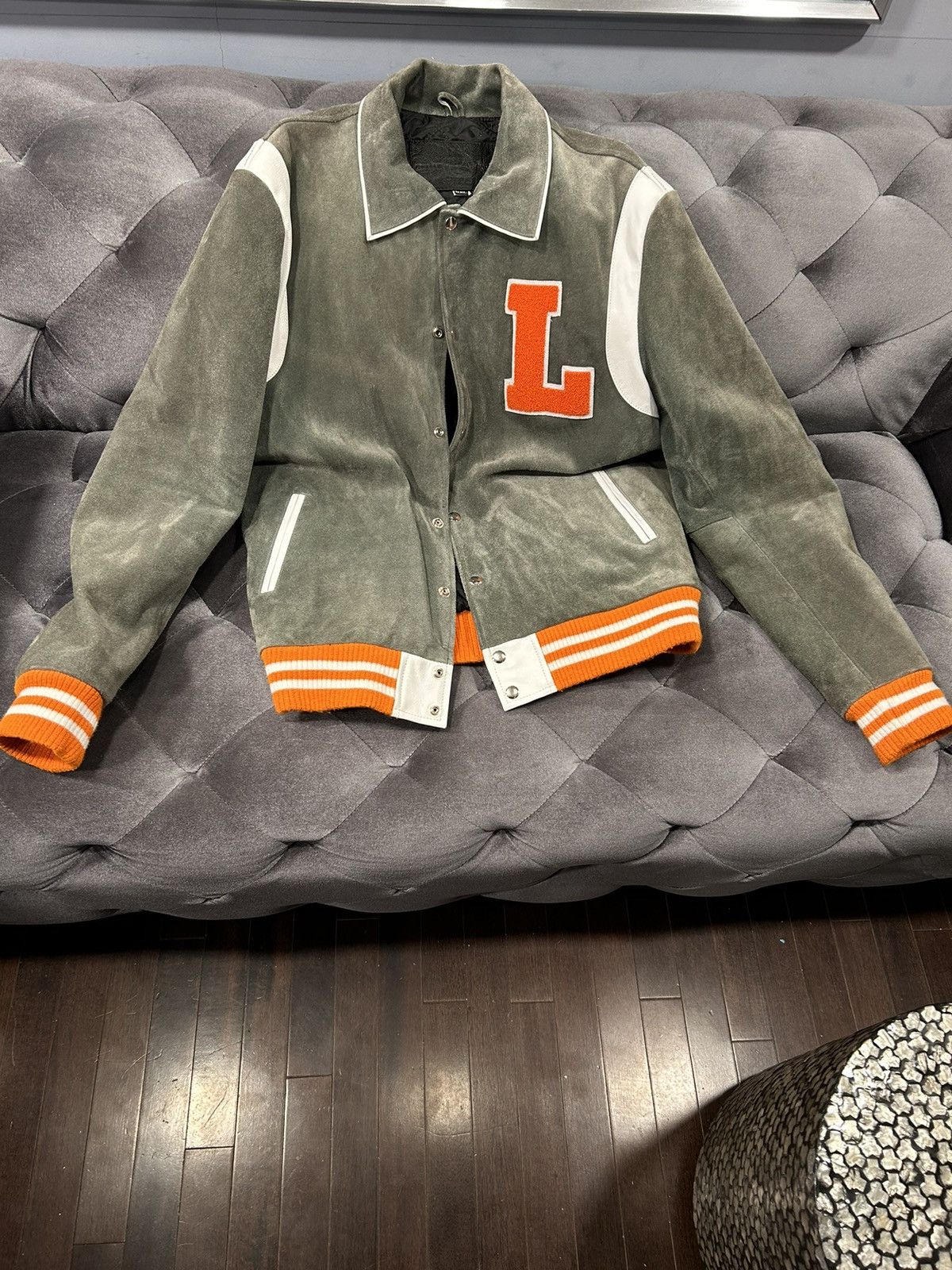 image of Designer Big L Suede Leather Varsity - Grey / Orange L, Men's (Size 2XL)