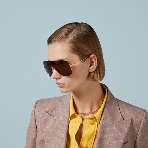 Gucci Gucci GG1436S 002 Sunglasses Gold Shield Frame, Brown Lenses Size ONE SIZE - 3 Thumbnail