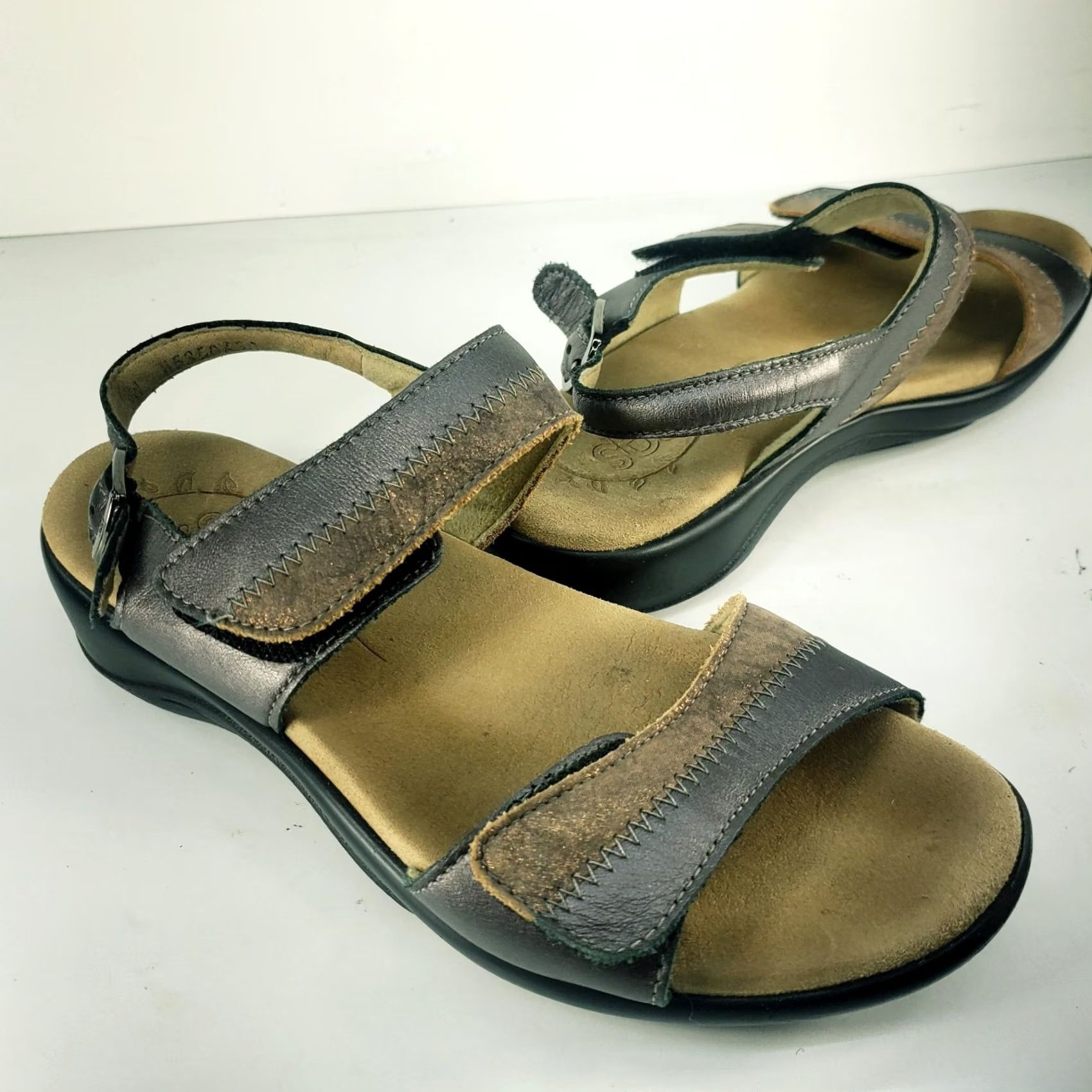 SAS SAS Womens Sandals 7.5W Nudu Leather Two Tone Pewter Bronze Metal Strappy Comfort Buckle Size US 8 / IT 38 - 2 Thumbnail