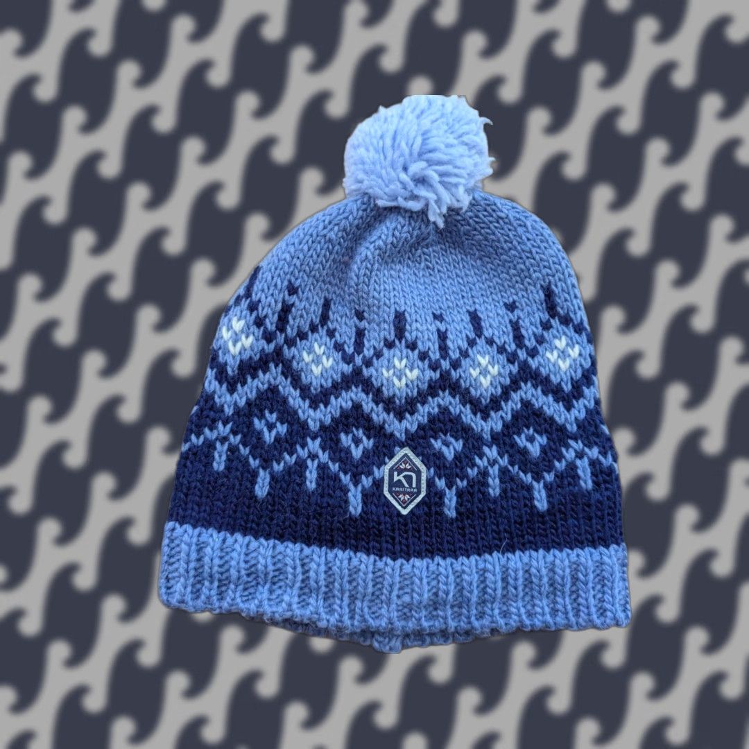 Vintage Kari Traa Beanie Hat Womens One Size Wool Blend Blue Lined Pom Pom Fair Isle Size ONE SIZE - 1 Thumbnail