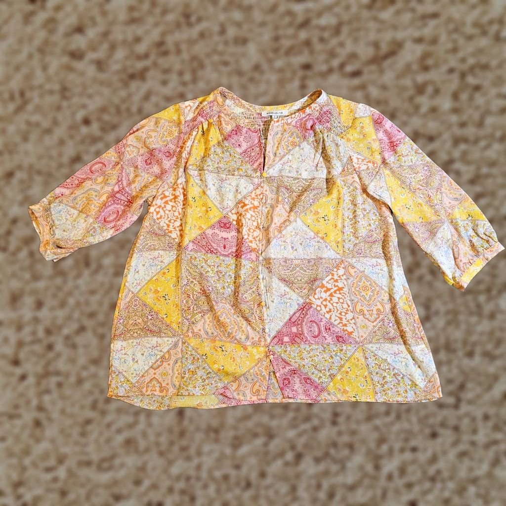 Vintage Rose & Olive Top Blouse Women 1X Pink Yellow Patchwork Floral Sheer V Neck 3/4 Sleeve Casual Shirt Ladies XS-Plus Size XL / US 12-14 / IT 48-50 - 1 Thumbnail