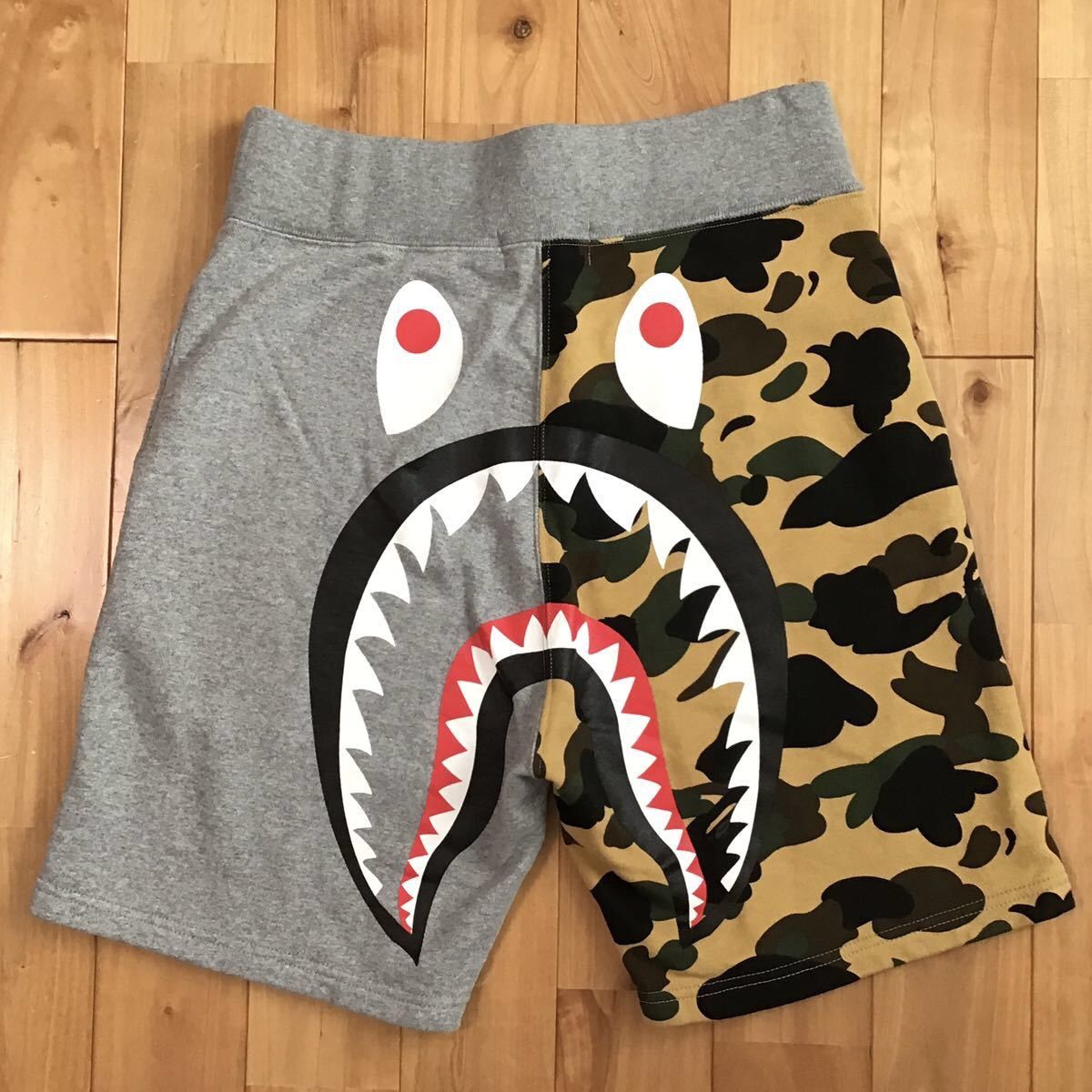 Pre-owned Bape Back Shark Sweat Shorts A Bathing Ape ★size S In Gray Yellow Camo