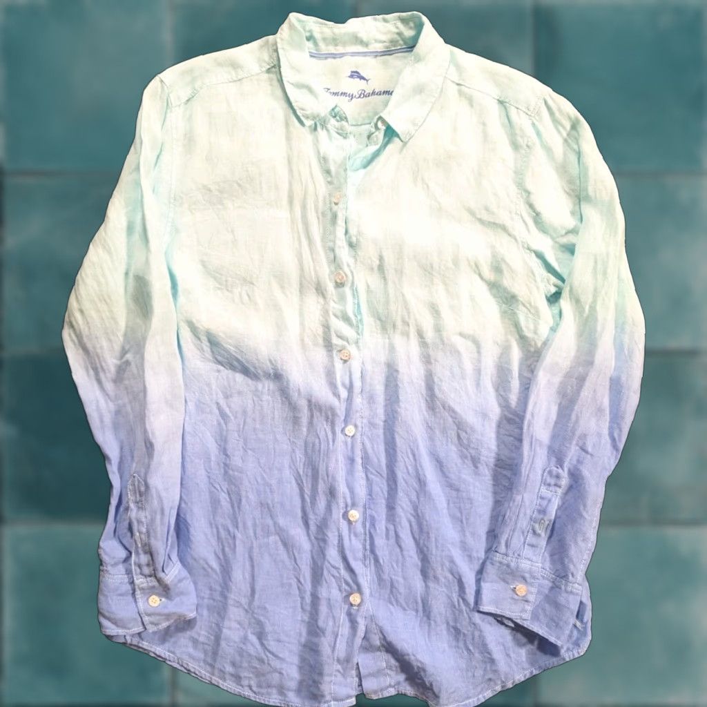 Tommy Bahama Tommy Bahama Shirt Womens Medium Blue Beachy 100% Linen Ombre Two Palms Dip-Dye Long Sleeve Collared Button Blouse Leather? Size M / US 6-8 / IT 42-44 - 1 Thumbnail