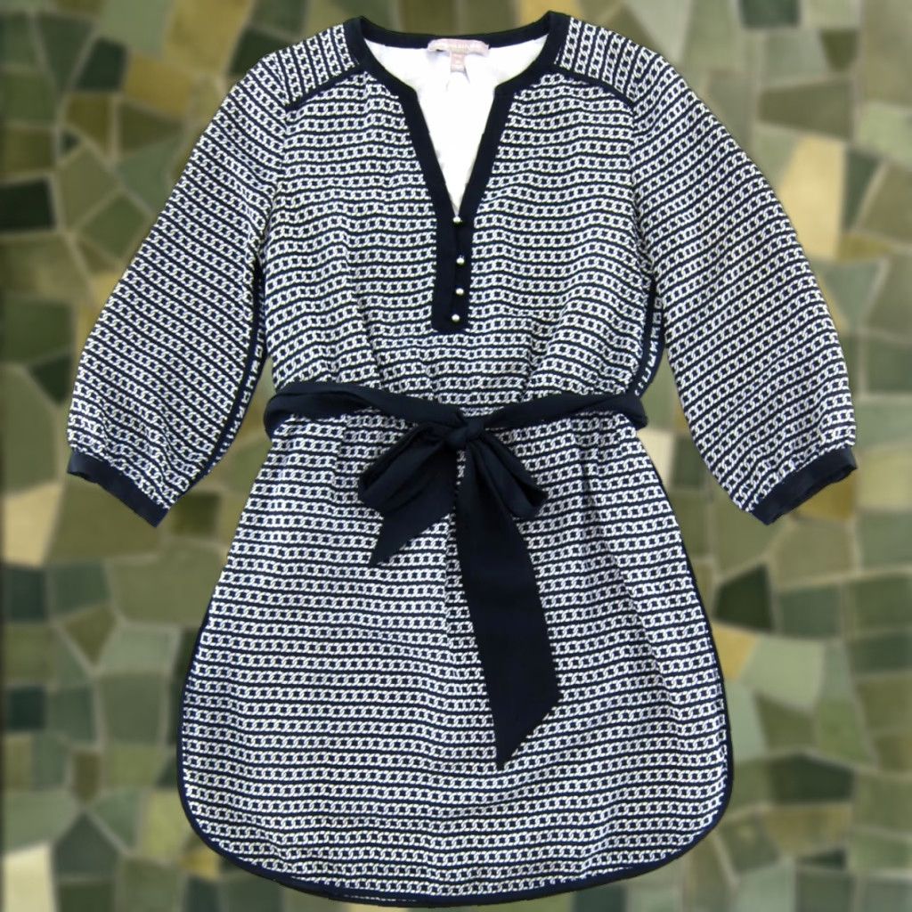 Banana Republic Banana Republic Navy Blue White Chain Link V-Neck 3/4 Sleeve Belted Dress 2P Size XS / US 0-2 / IT 36-38 - 1 Thumbnail
