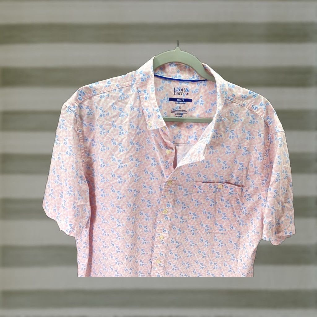 Croft & Barrow Croft & Barrow Button Down Shirt Mens XL Pink Blue Floral Slim Fit Performance Short Sleeve Shirt Size US XL / EU 56 / 4 - 1 Thumbnail