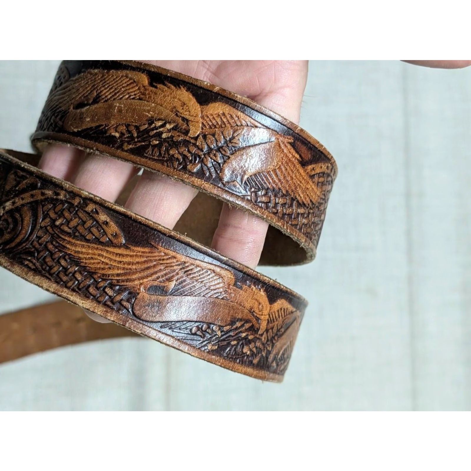 Vintage VINTAGE western belt Eagle brown leather 42 - belt - Men - Western Belt - Buckle - 1-3/8" - Cowhide - Eagle pattern - 42 waist - Brown - vintage Size 42 - 2 Thumbnail