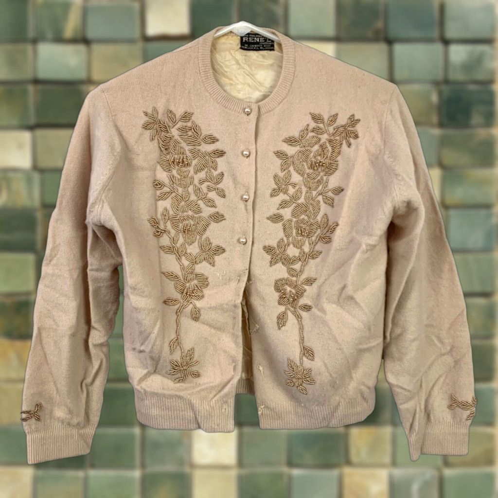 Vintage VINTAGE RENE'L Beaded Cardigan Sweater Shirt Medium Ivory Kowloon Hong Kong 1960s Boho Womens Size S / US 4 / IT 40 - 1 Thumbnail