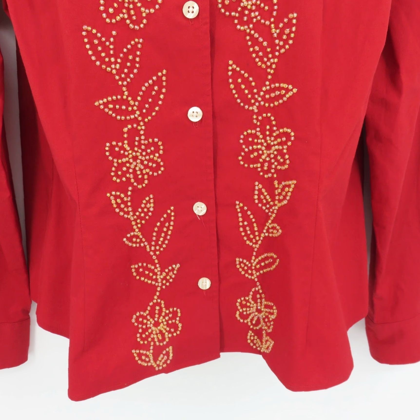 Coldwater Creek Coldwater Creek Blouse Shirt Beaded Flowers Floral Button Long Sleeve Womens L Red Yellow Top Size L / US 10 / IT 46 - 3 Thumbnail