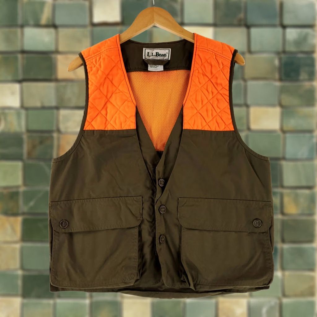 Vintage VINTAGE LL Bean Vest Hunting Nylon Blaze Orange Olive Green Mens M Size 40R - 1 Thumbnail