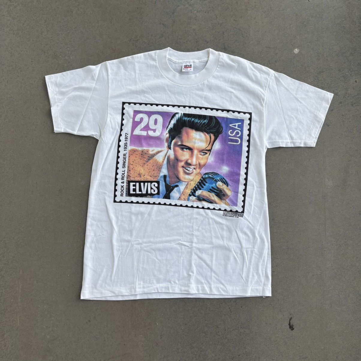 Anvil × Vintage Vintage 1992 Elvis Anvil T-Shirt Large Postage Stamp White Size US L / EU 52-54 / 3 - 1 Thumbnail