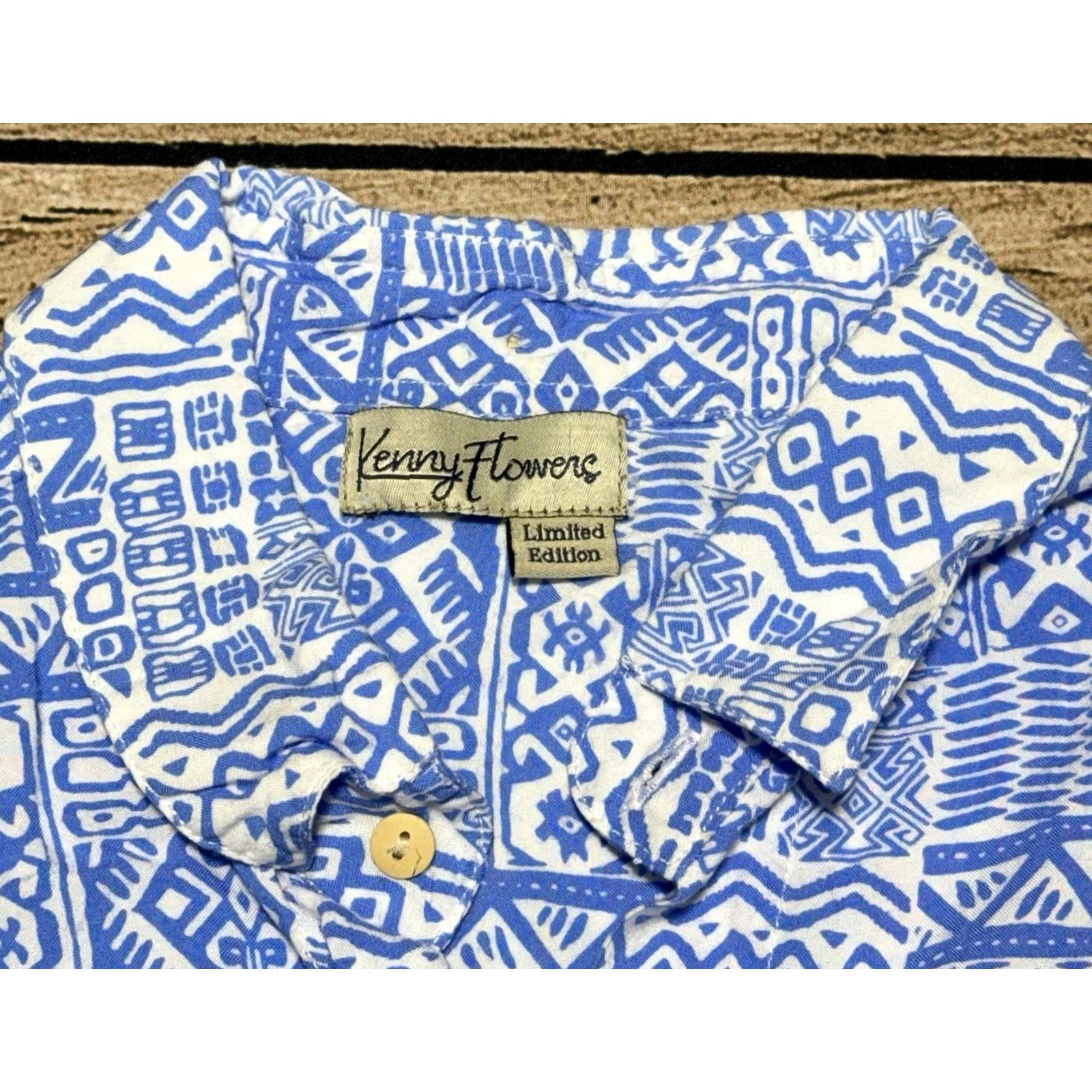 Vintage Kenny Flowers Shirt Mens XL Blue Geometric Limited Edition Short Sleeve Rayon Button-Up - Regular Fit, Casual, Holiday, Indonesia, button-down Size US XL / EU 56 / 4 - 2 Thumbnail