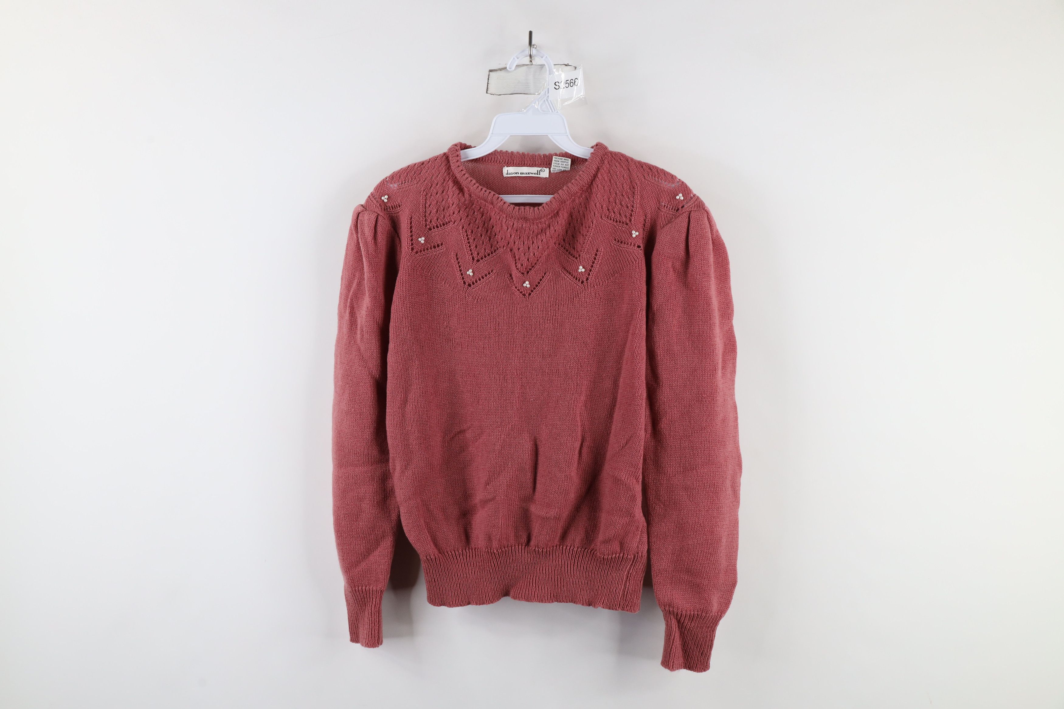 Vintage Vintage 80s 90s Mid Mod Puff Sleeve Beaded Knit Sweater Pink Size L / US 10 / IT 46 - 1 Thumbnail