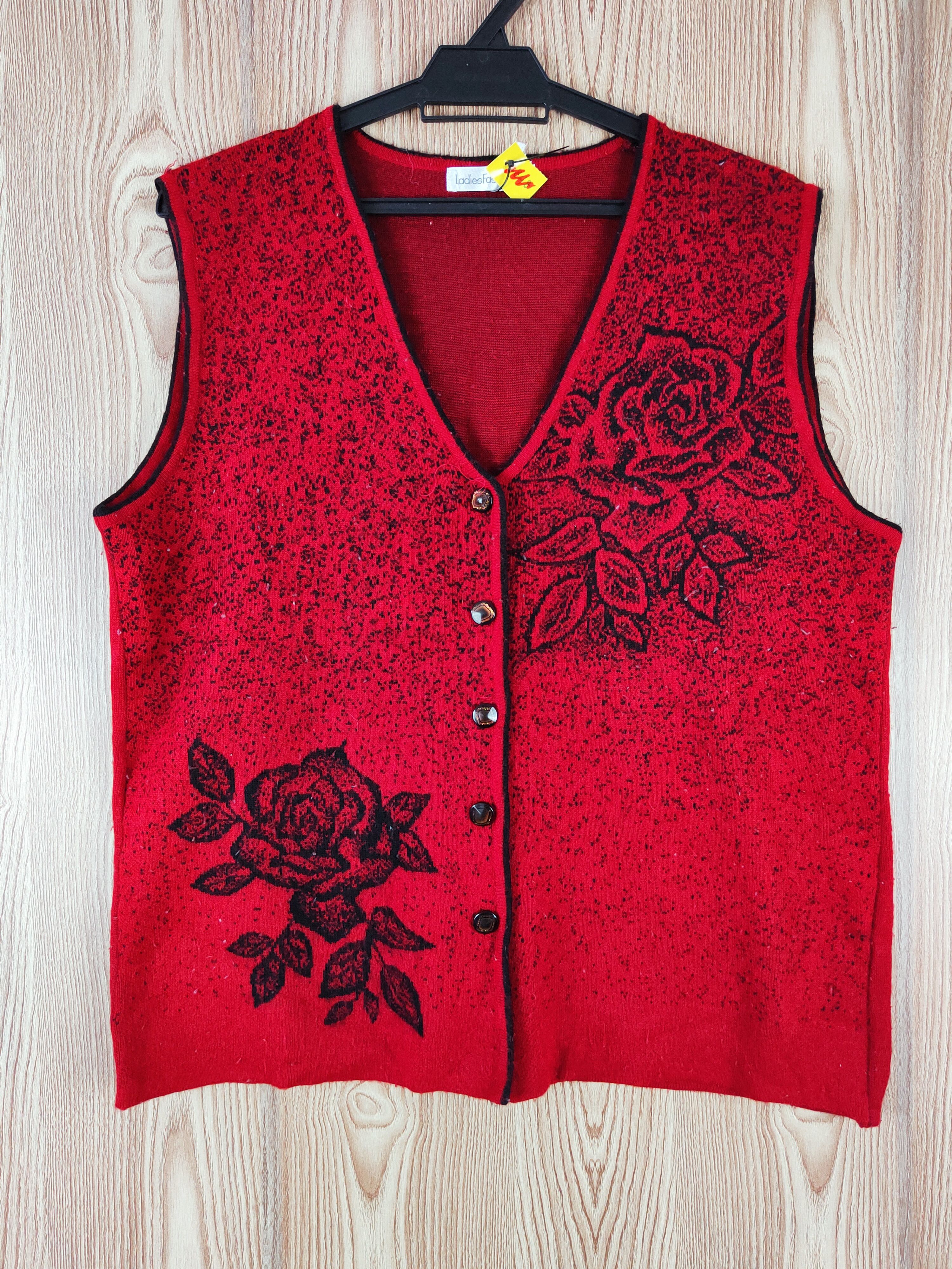 Vintage Ladies Fashion Red Roses Knitwear Cardigan Vests #W164 Size L / US 10 / IT 46 - 1 Thumbnail