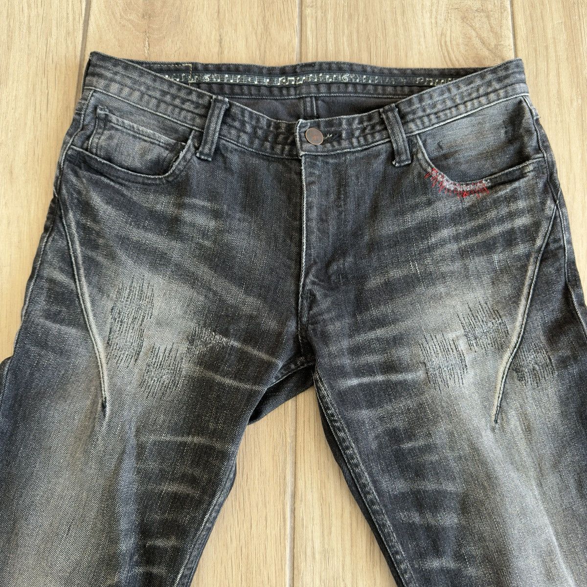 Number (N)ine Washed Black Distressed Repaired Red Stitch Denim Jeans Size US 31 - 5 Thumbnail