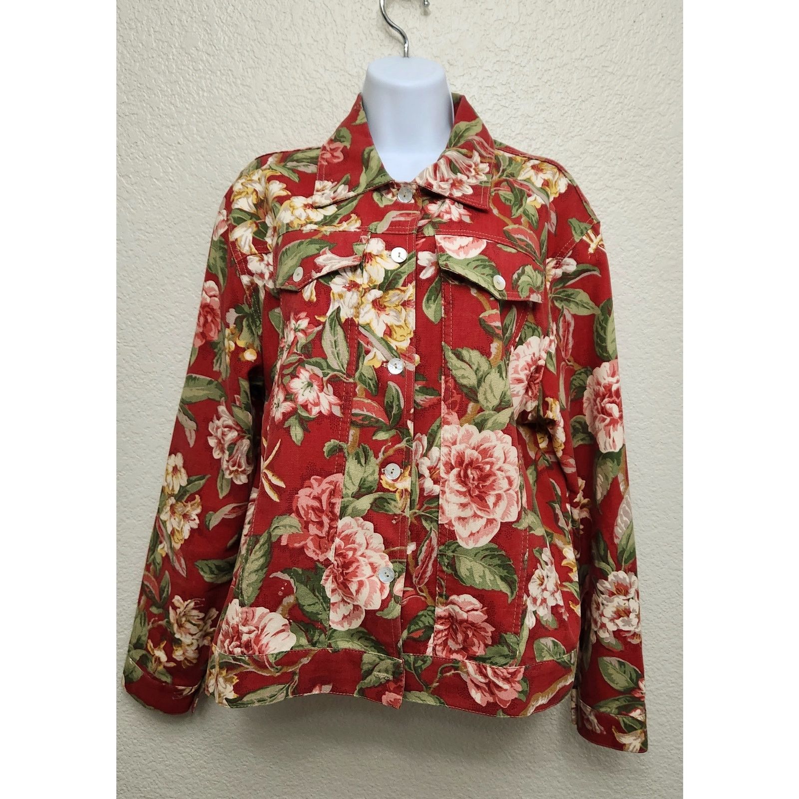 Norm Thompson Vintage Burnt Orange Floral Print Button Denim Jacket Large Size L / US 10 / IT 46 - 1 Thumbnail