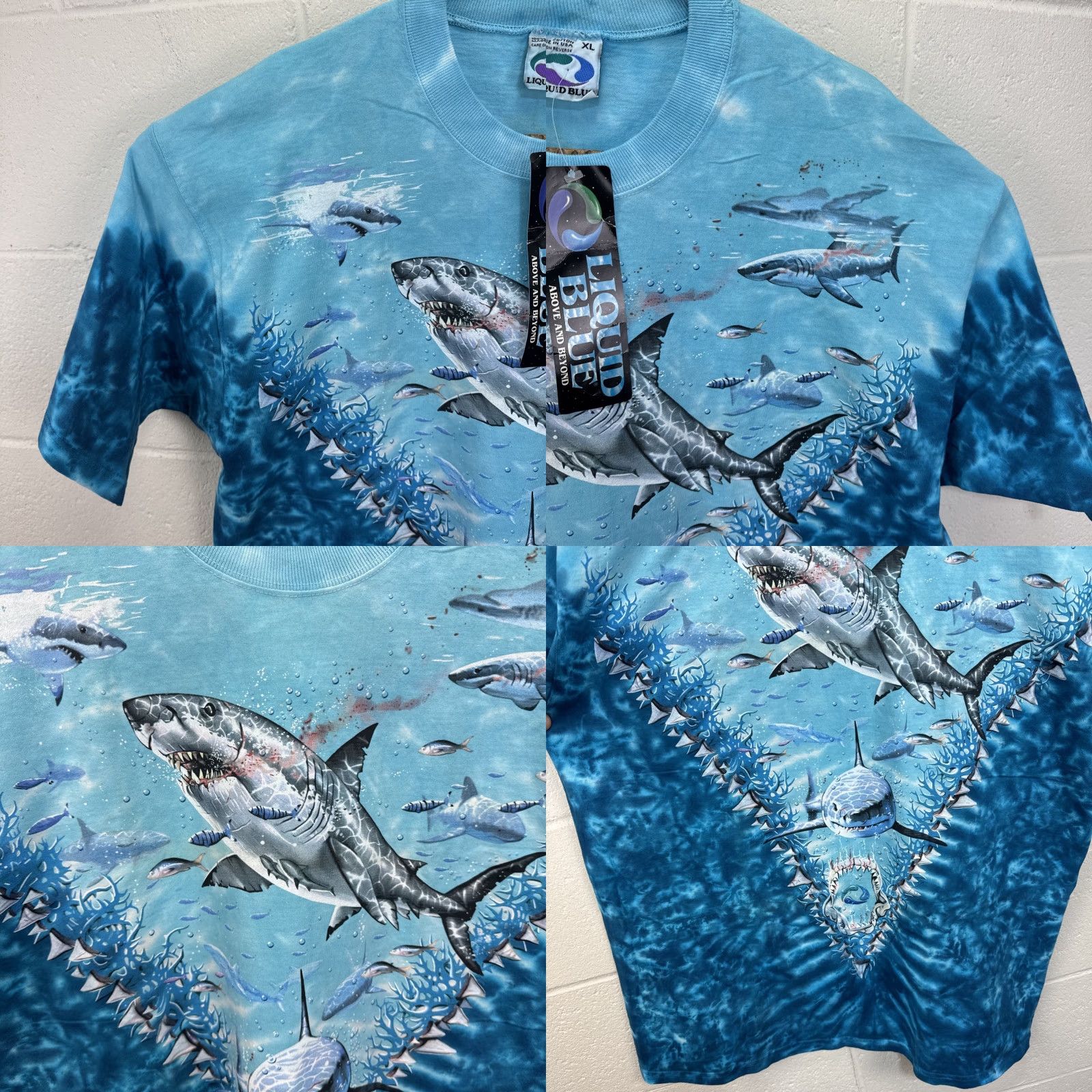 Liquid Blue VINTAGE Liquid Blue Great White Jaws SHARK BITE Ocean T-SHIRT Tie Dye XL Unisex 1990s Graphic Tee Blue Size US XL / EU 56 / 4 - 8 Thumbnail