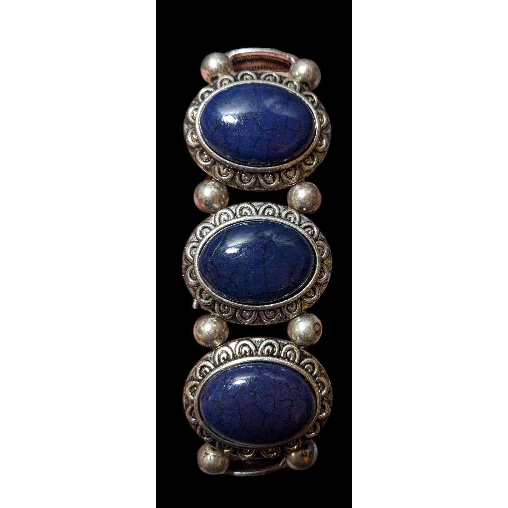 Other Silver Tone And Blue Cabochon Vintage Style Stretch Bracelet Size ONE SIZE - 1 Thumbnail