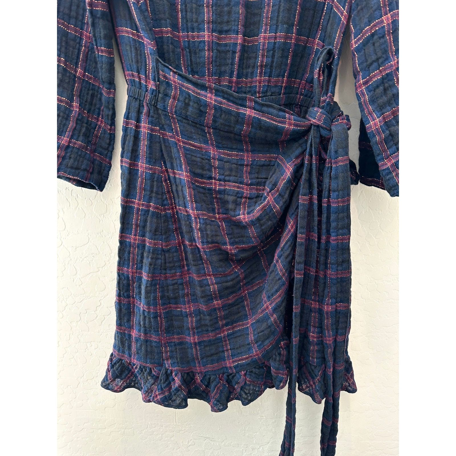 Rebecca Taylor REBECCA TAYLOR | Dark Blue Metallic Plaid Wrap Mini Dress Size M / US 6-8 / IT 42-44 - 3 Thumbnail