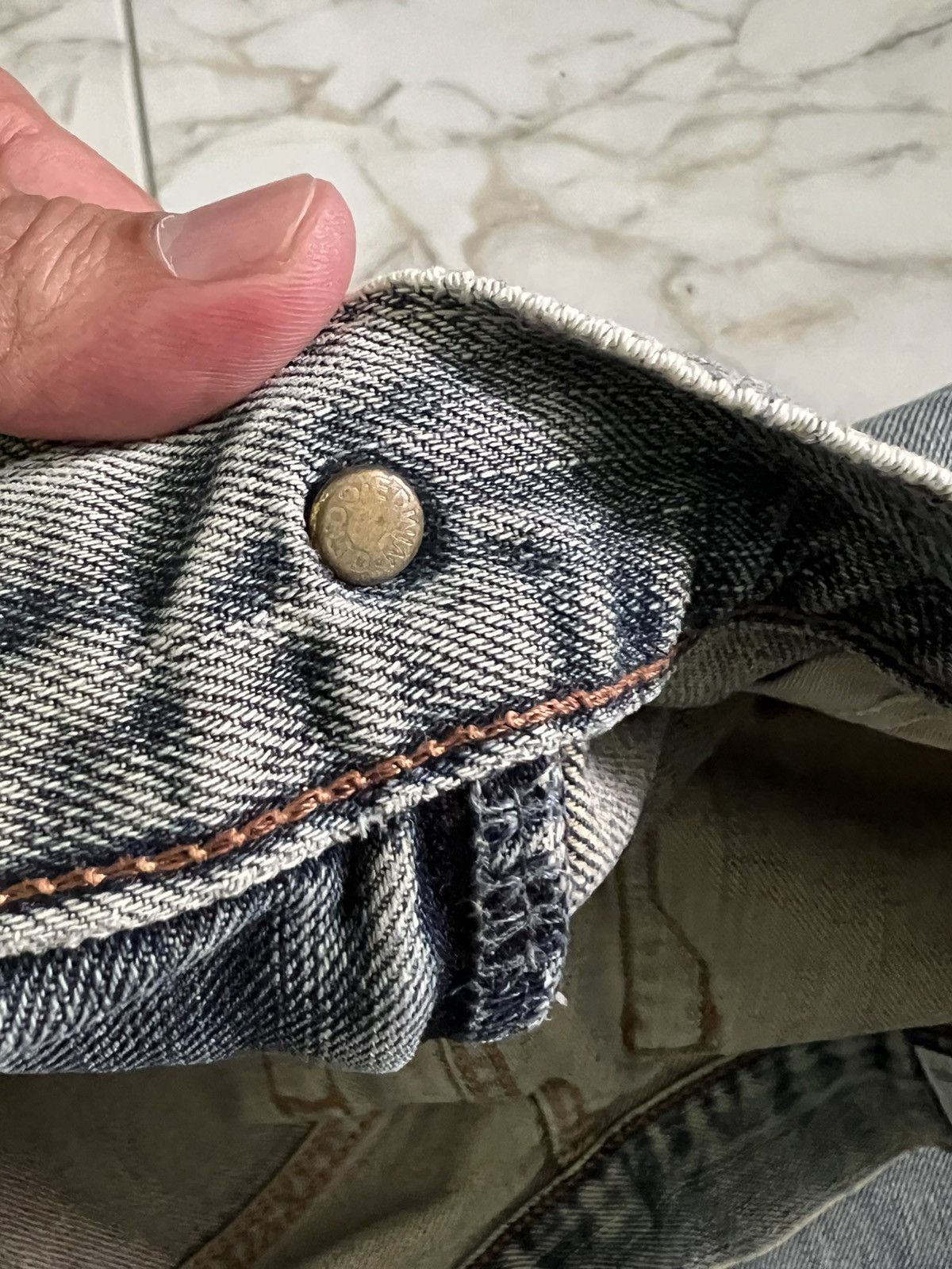 Edwin × If Six Was Nine × Le Grande Bleu (L.G.B.) 💥Baggy💥Vintage Edwin Faded Blue Distress Mud Wash Jean Size US 34 / EU 50 - 14 Thumbnail