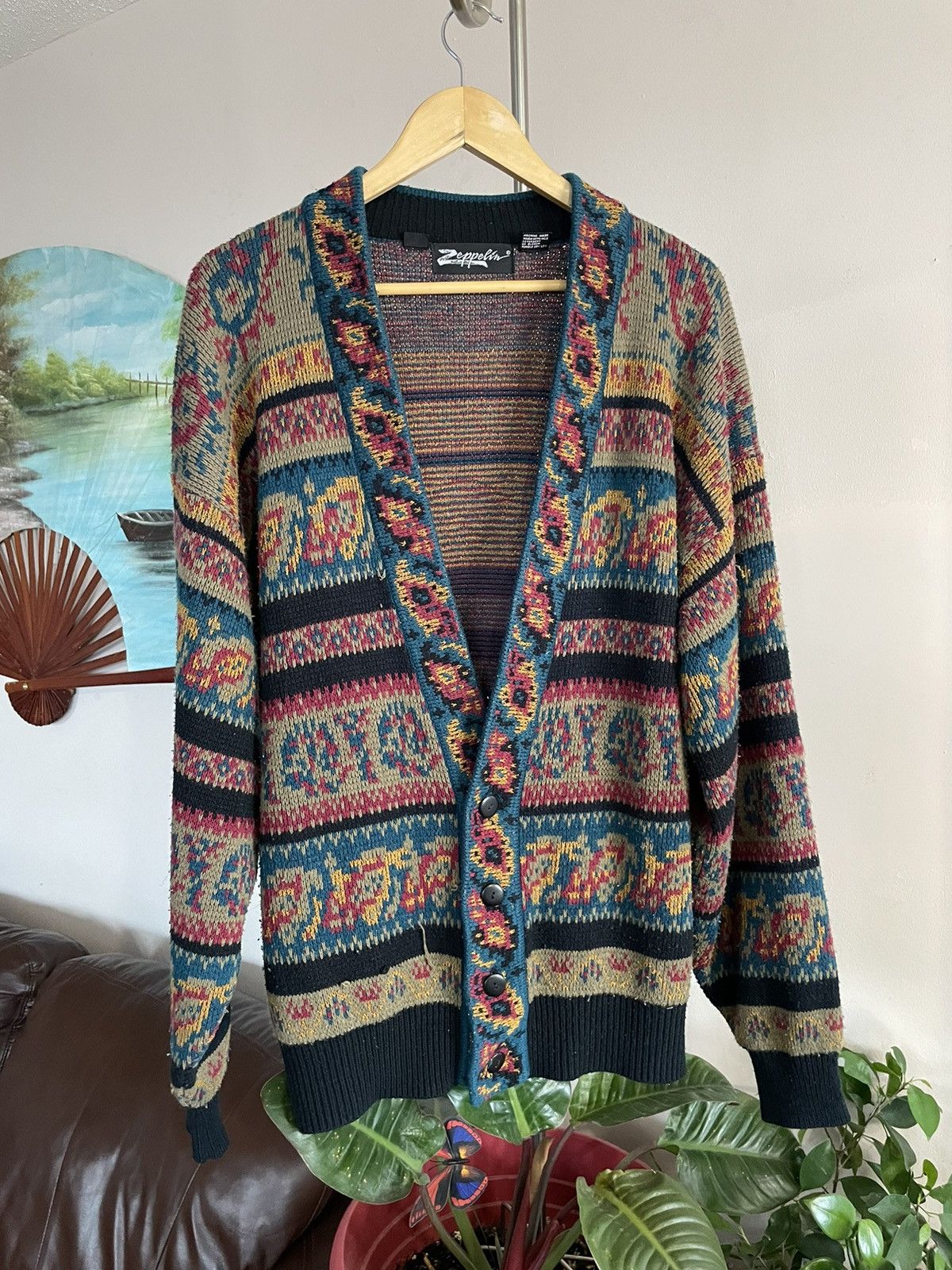 image of Vintage Abstract Knit Cardigan, Men's (Size Large)