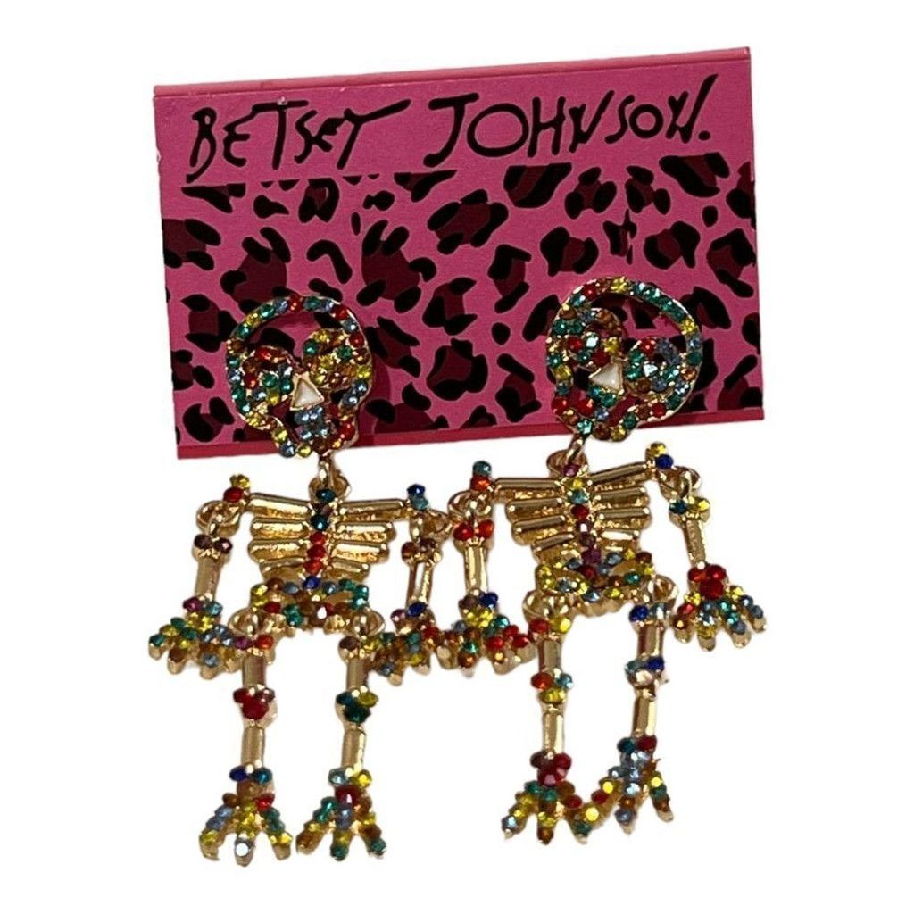 Betsey Johnson Crystal Rhinestone Halloween Skull Skeleton Drop Earrings Size ONE SIZE - 2 Thumbnail