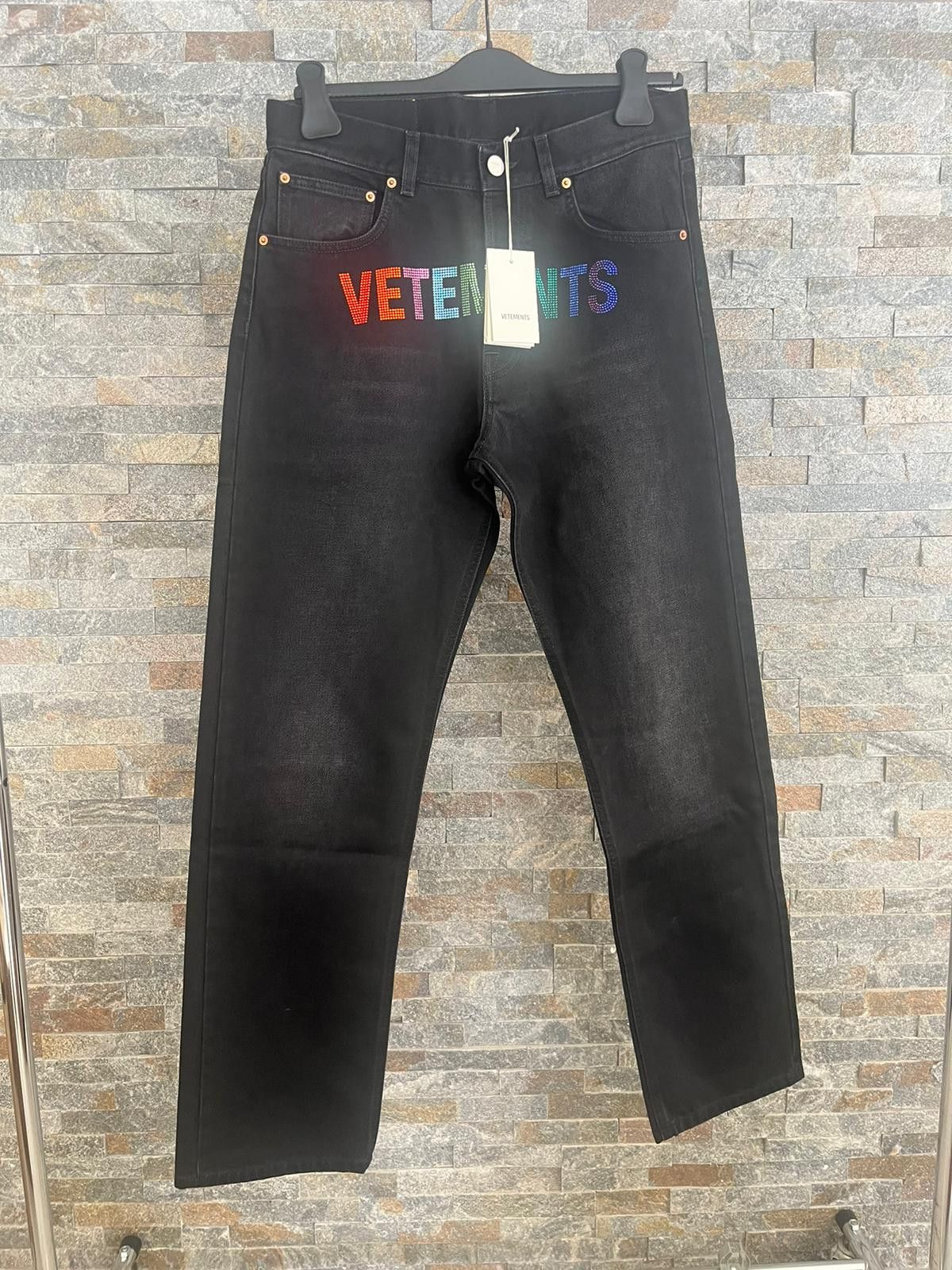 Vetements Multicolor Rainbow Crystal Logo Straight Leg Denim in Black Size US 30 / EU 46 - 5 Thumbnail