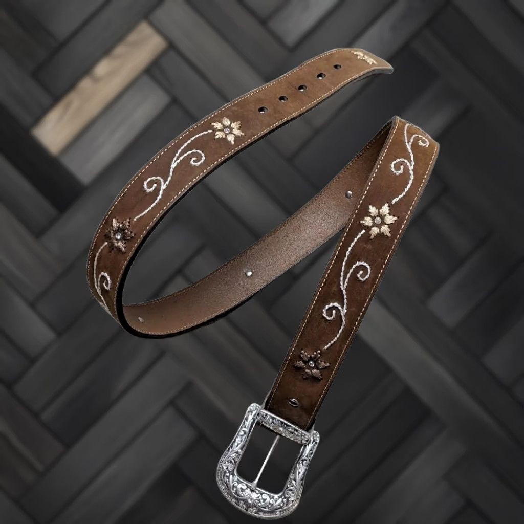 Vintage VINTAGE Nocona belt western buckle belt 38 brown leather embroidered rhinestone crocodile pattern Unisex Adults Belt Men Women Size 38 - 1 Thumbnail