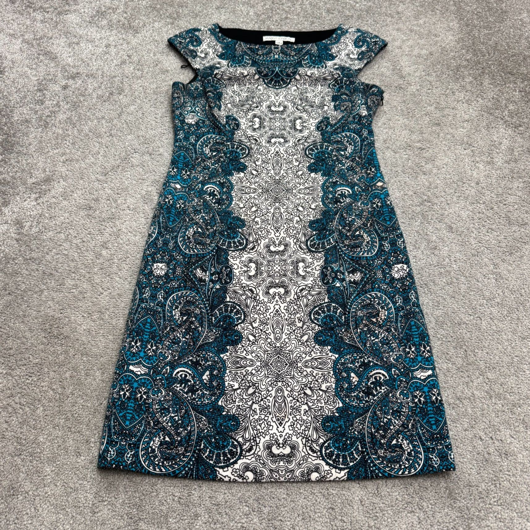 MAGGY LONDON Maggy London Midi Sheath Dress Womens 8 Blue Paisley Medallion Print Cap Sleeve Size M / US 6-8 / IT 42-44 - 2 Thumbnail