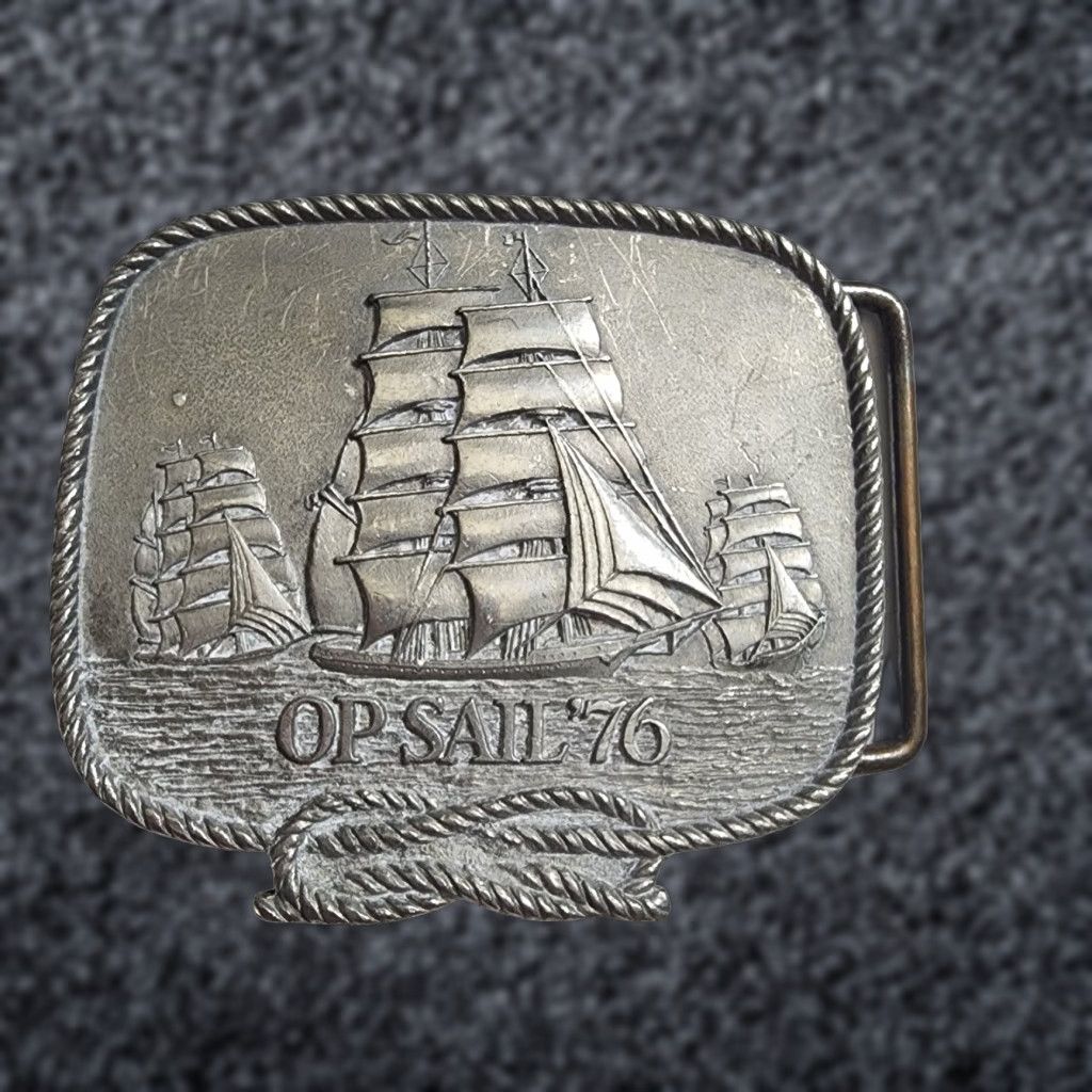 Vintage VINTAGE Nautical Pewter Belt Buckle Sailboat Clipper '76 Tall Ship Commemorative Unisex Adult Size ONE SIZE - 1 Thumbnail
