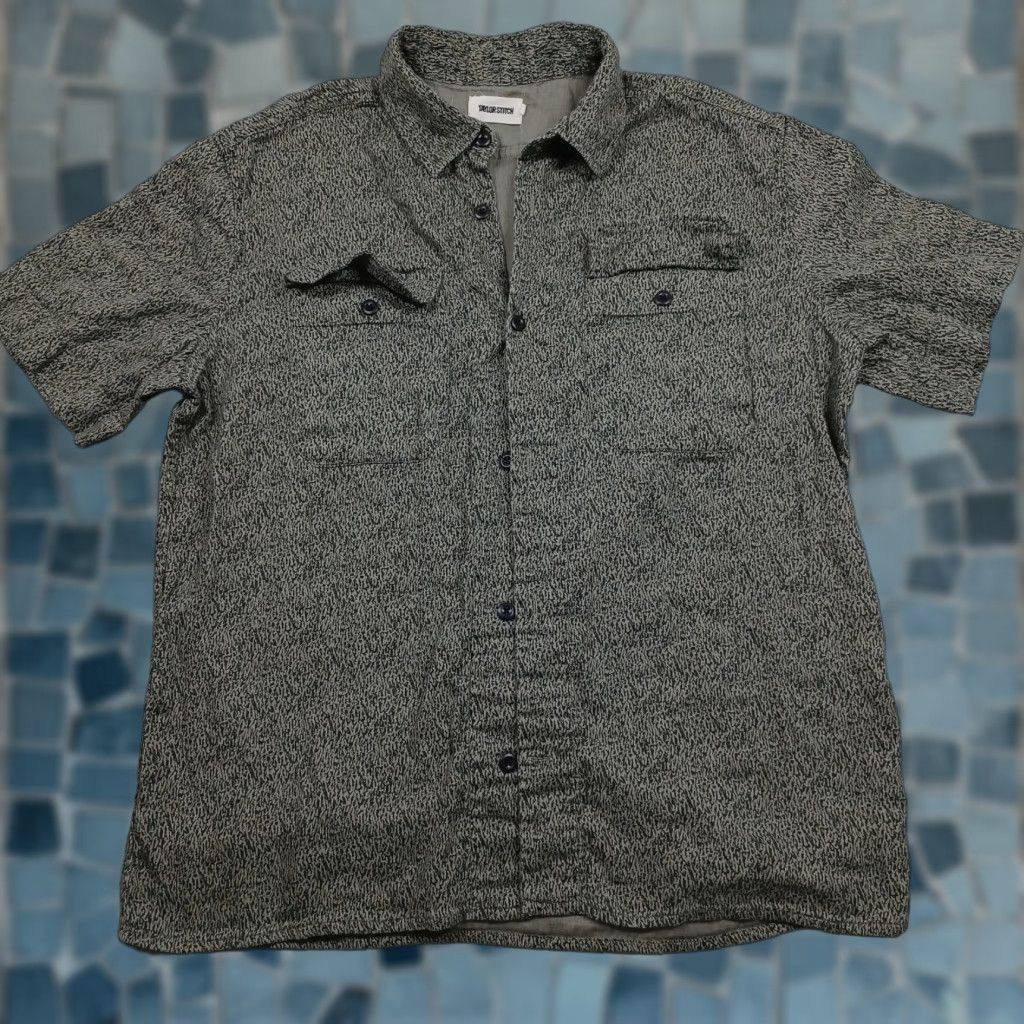Taylor Stitch Shirt Mens 44 Green Salt And Pepper All Over Print Linen Blend Shirt Short Sleeve Button-Up Collared Casual Outdoor Vintage No