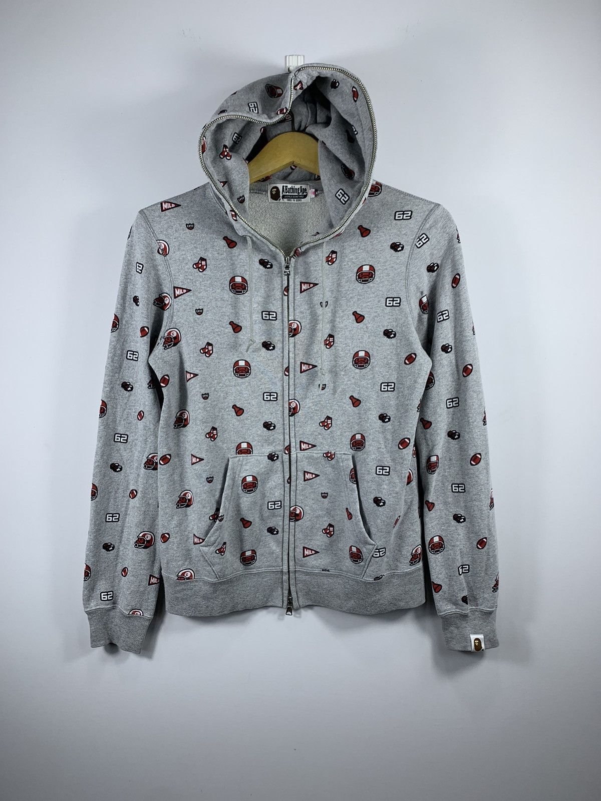 image of Bape x Nigo Baby Milo Football Monogram Full Zip Hoodie in Grey, Women's (Size XS)