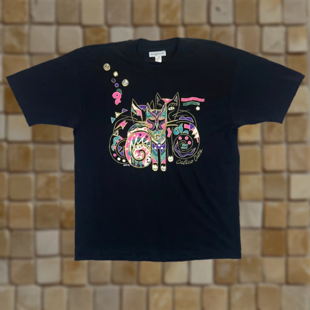 Vintage VINTAGE ACCESSORY LADY Calico Cats Glitter Jewel Graphic Black Single Stitch T-Shirt Womens XL Size ONE SIZE - 1 Thumbnail