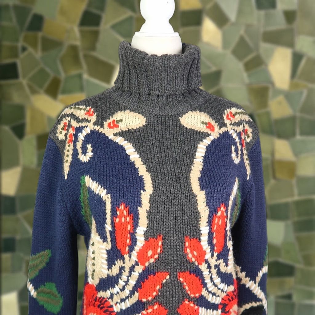 Olive VINTAGE Navy Blue Red Olive Green Floral Wool Blend Turtleneck Sweater Size M / US 6-8 / IT 42-44 - 1 Thumbnail