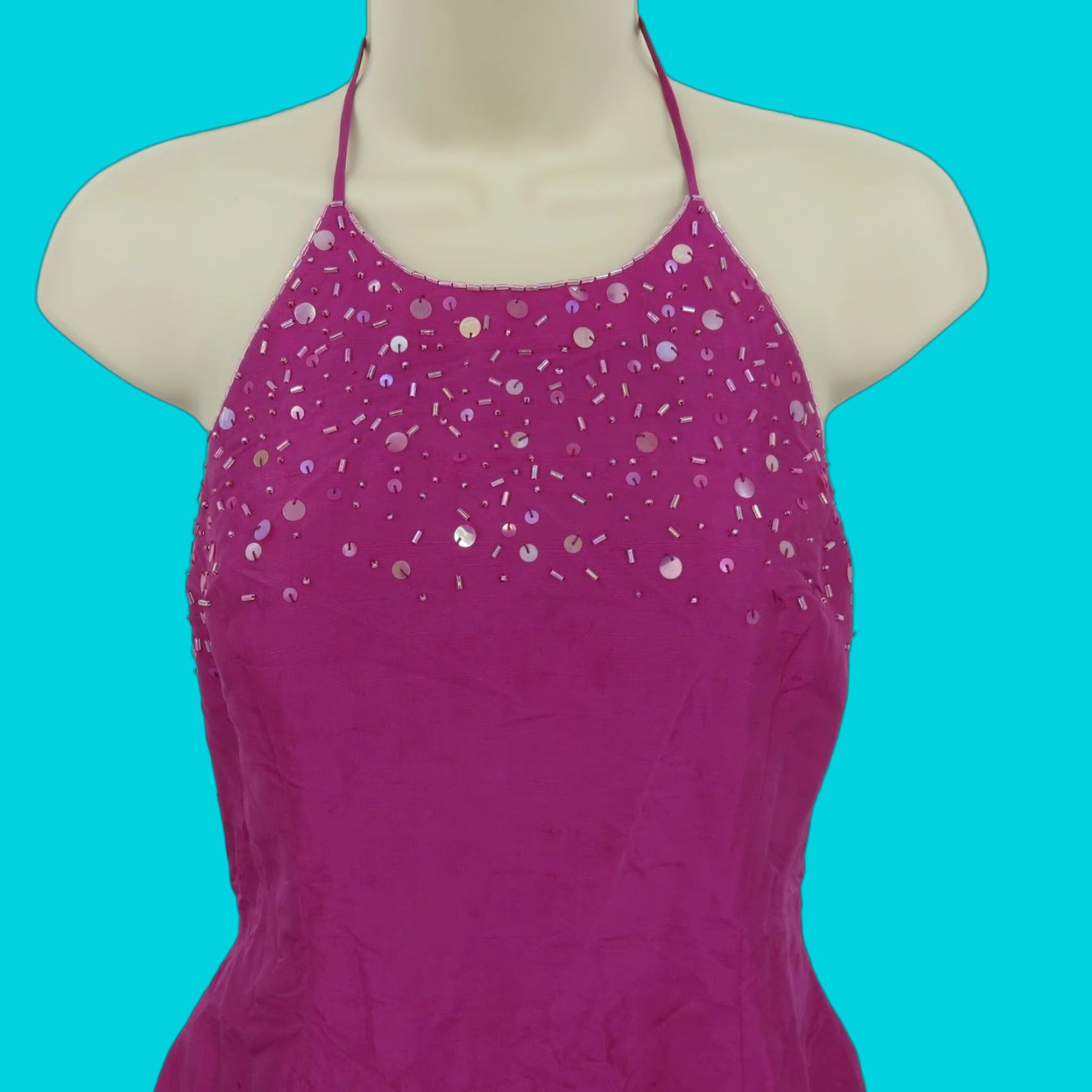 Ann Taylor VINTAGE Ann Taylor Women Petite 4P Pink Crinkle Silk Beaded Sequin Halter Sheath Dress Shirt Dress? Size S / US 4 / IT 40 - 1 Thumbnail