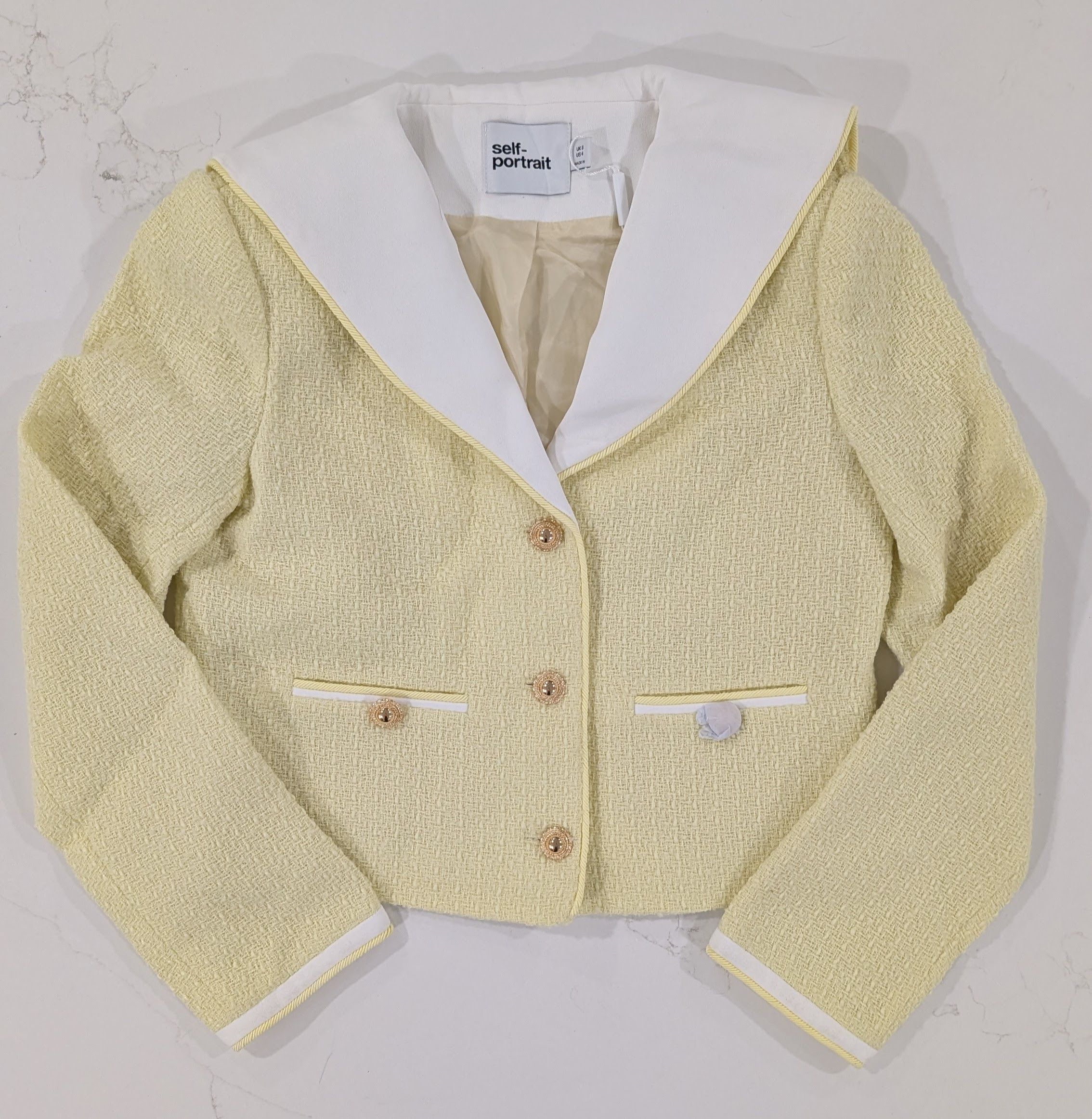 Self-Portrait Self-Portrait Yellow Bouclé Cropped Jacket Contrast Collar Size S / US 4 / IT 40 - 1 Thumbnail
