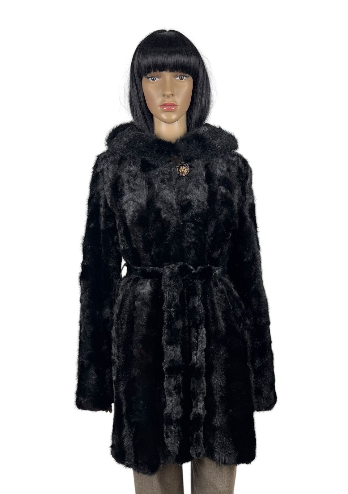 Designer Real Mink Fur Coat Hooded Belted size XS Size XS / US 0-2 / IT 36-38 - 1 Thumbnail